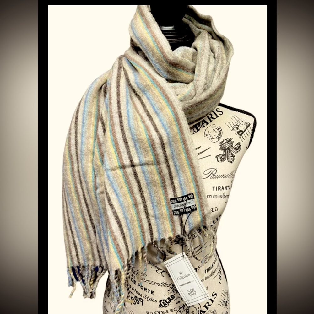 Christina Chiti WOOL shawl SCARF Tan Blue Cream STRIPED SHAWL fringe Wrap 17x65”